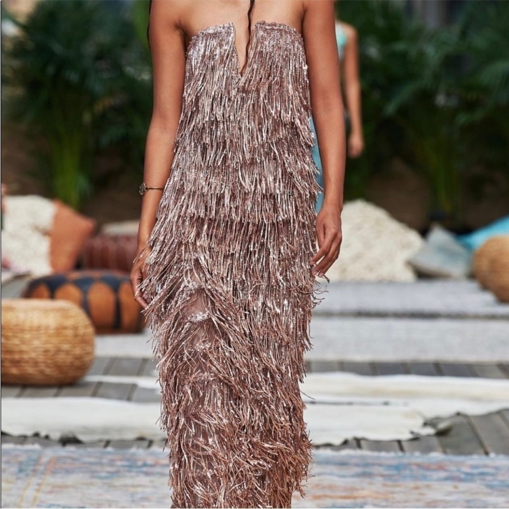 Bronx & Banco | Isle Sequin Fringe Gown In Rose Gold Gown Size L -8 NEW - Picture 2 of 15